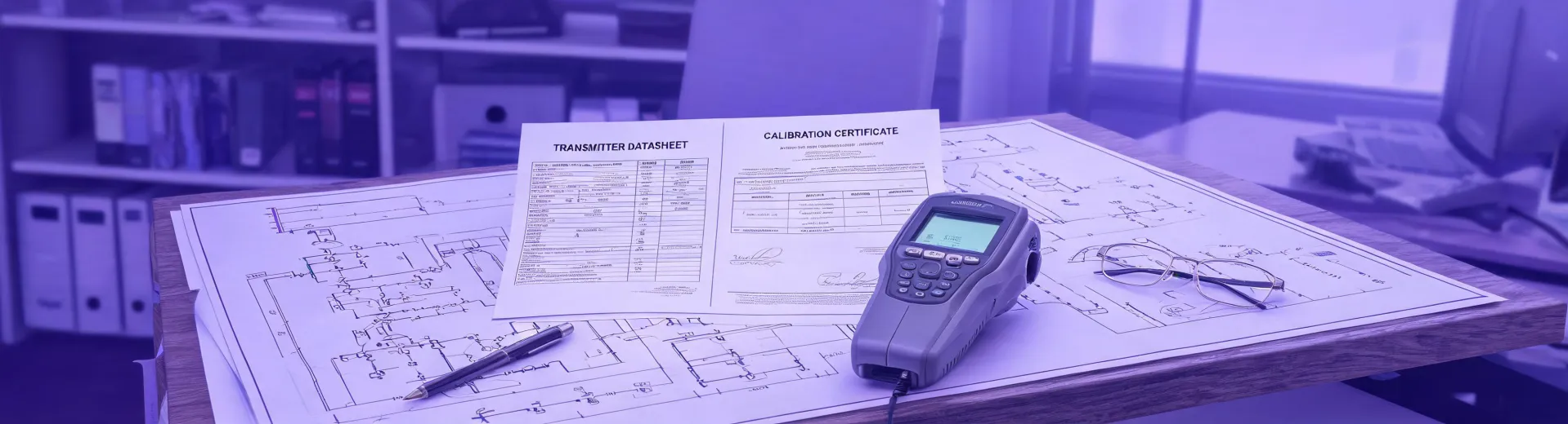 Instrumentation review desk with plant drawings