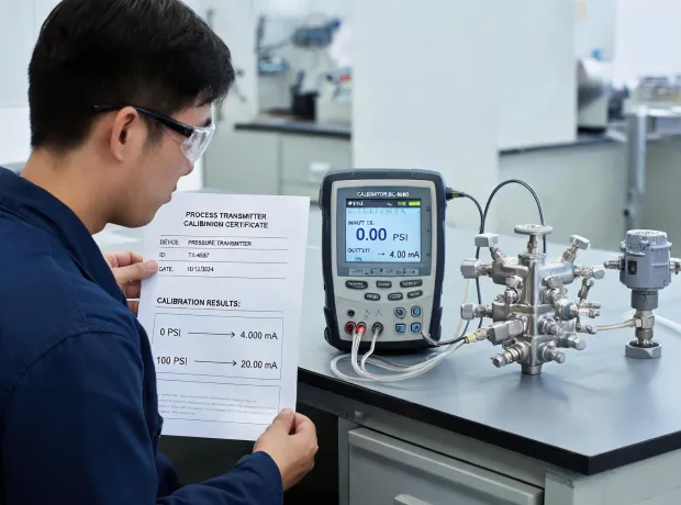 Calibration technician reviewing process transmitter certificate